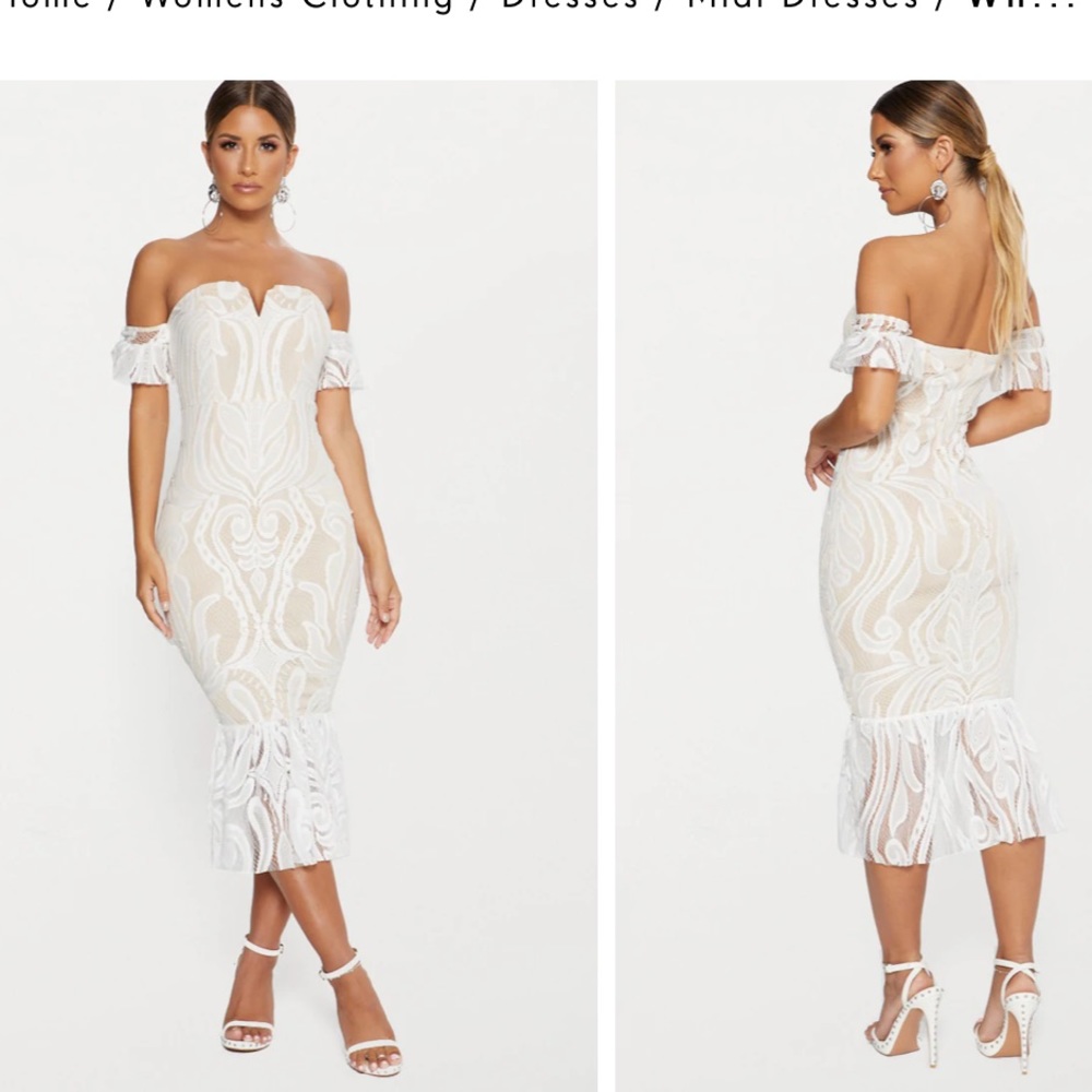 white lace, bardot neckline with short sleeves and a frill hemline,midi dress